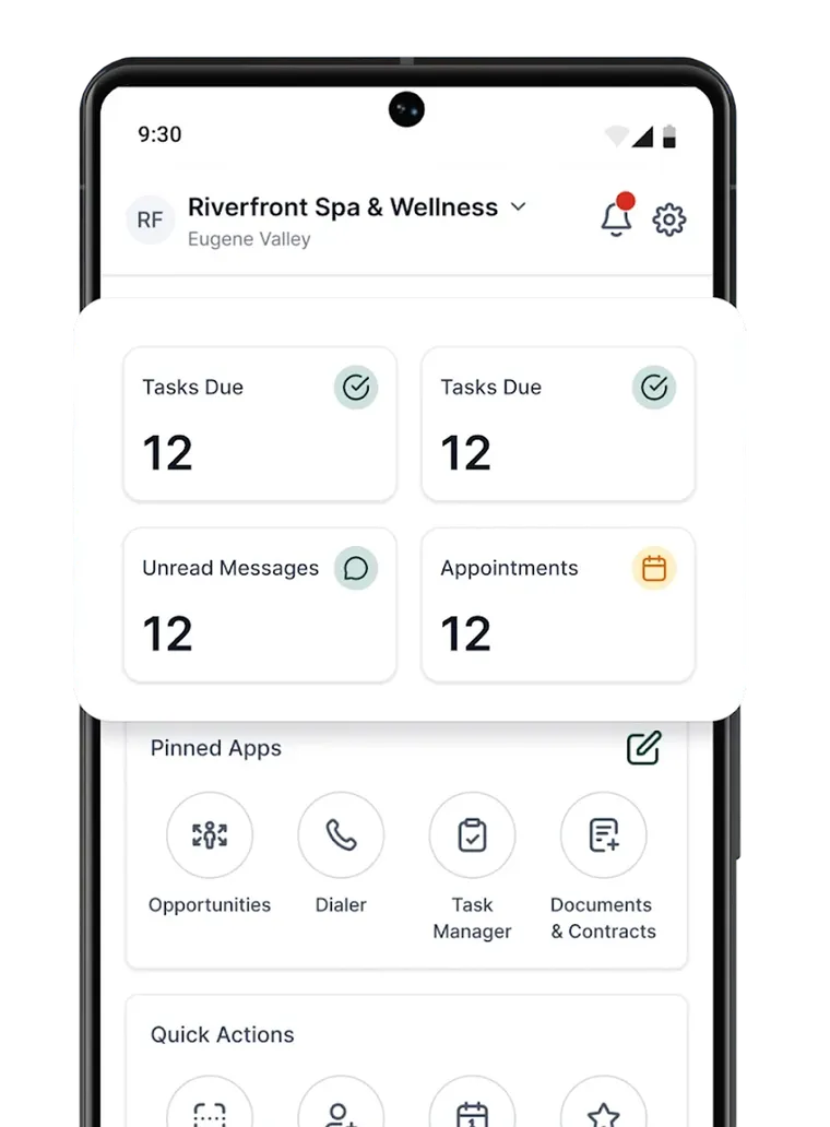 The app dashboard showing tasks due, unread messages and appointment counts. Shows the platform’s sample data.
